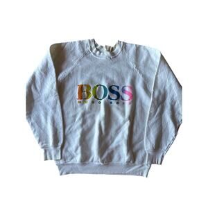 VTG Hugo Boss Highlighter Rainbow Puff Print L White USA Made FOTL Raglan Crew